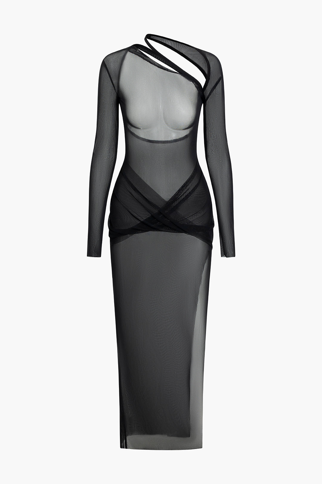 Asymmetric Sheer Mesh Slit Maxi Dress for Y2K Fashion and Coquette Aesthetic Styles