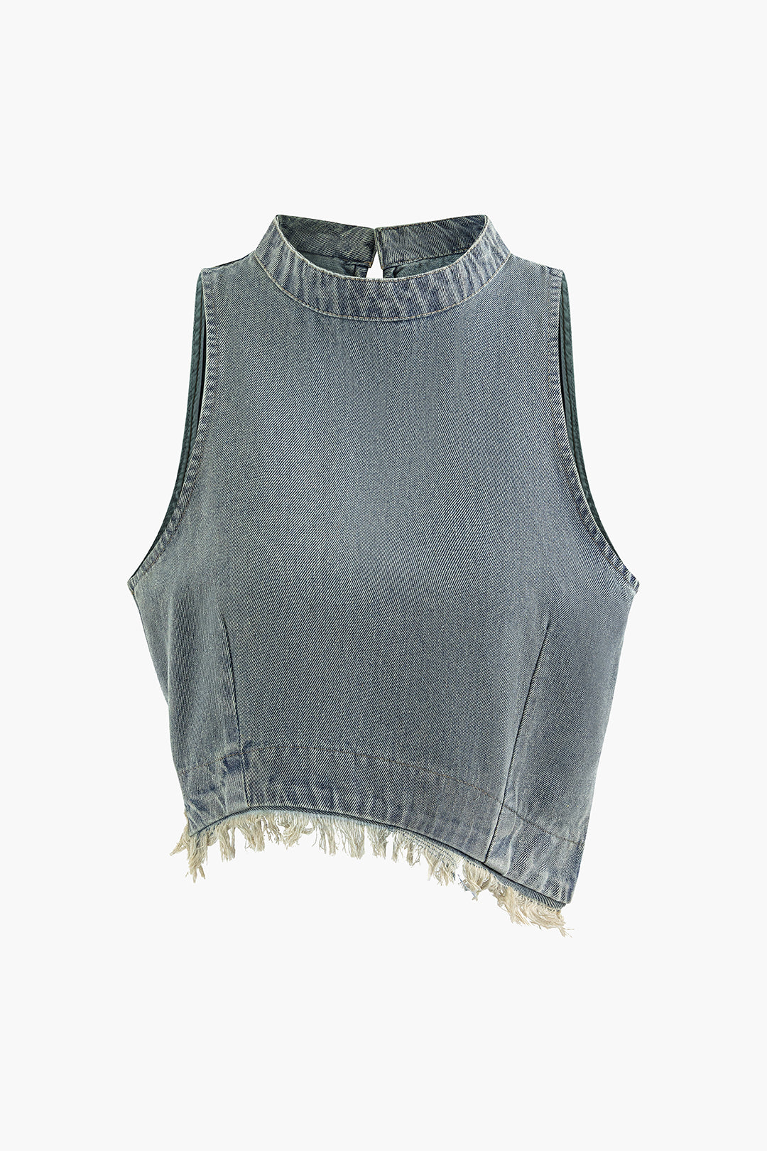 Asymmetric Sleeveless Fringe Hem Denim Top in Y2K Fashion Style for Trendy Outfits