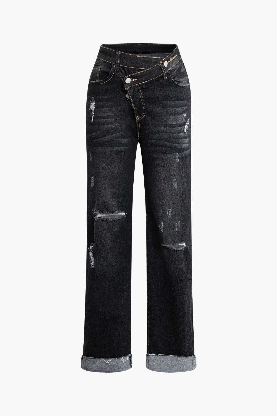 Asymmetric Waist Frayed Trim Ripped Straight Leg Y2K Jeans for Trendy Aesthetic Outfits