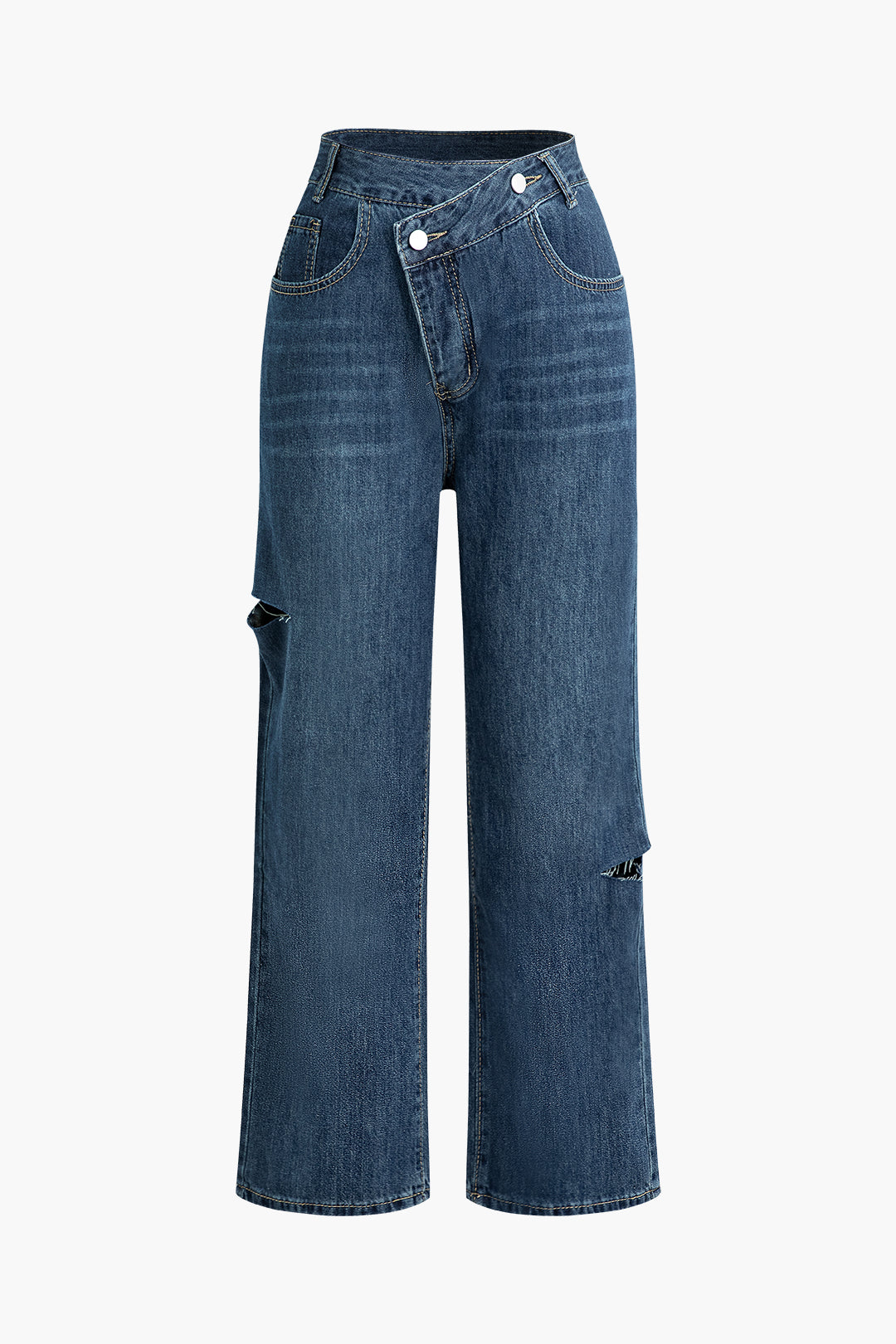 Asymmetric Waist Ripped Y2K Straight Leg Jeans for Trendy Grunge Aesthetic Outfits