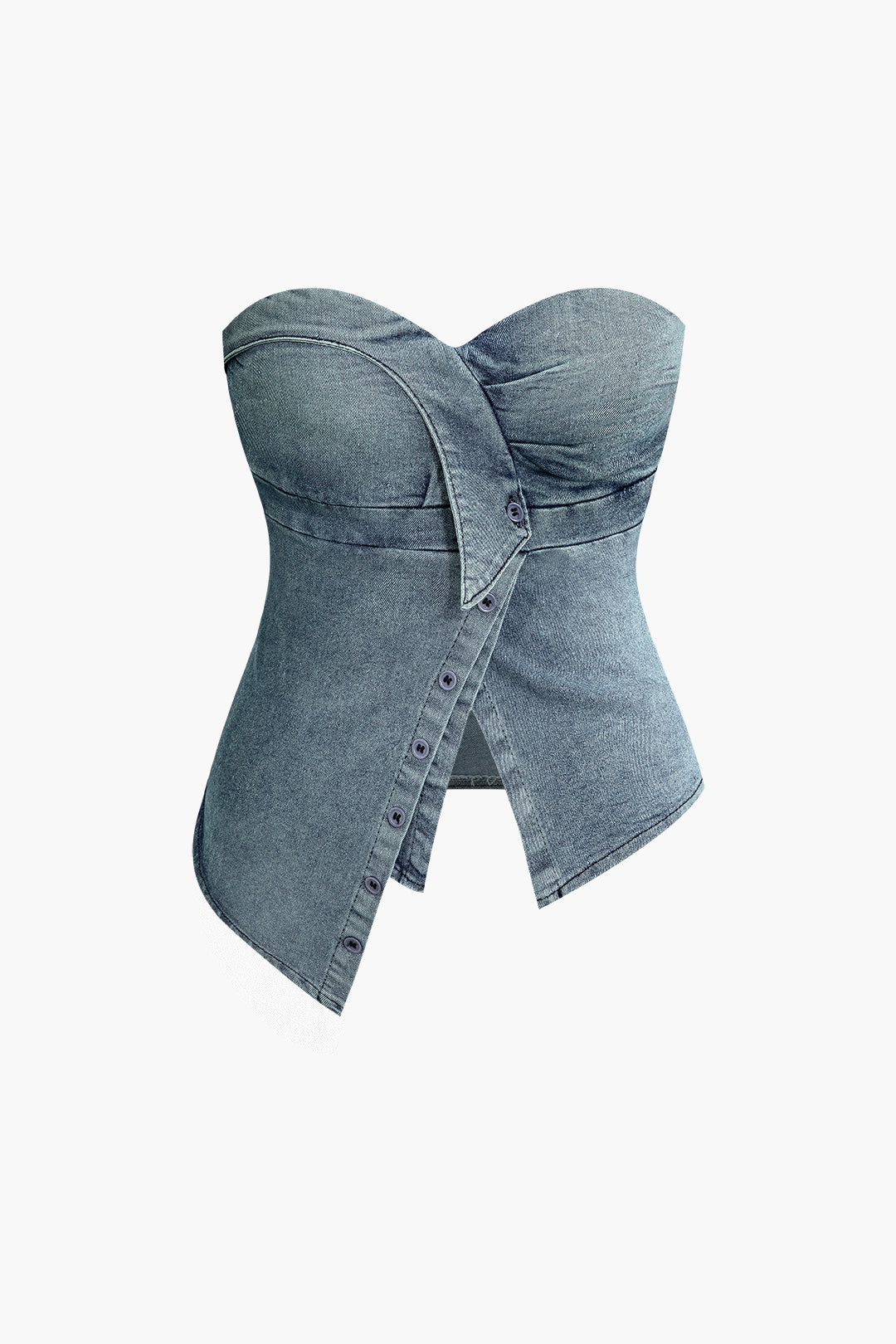 Asymmetrical Button Zipper Strapless Denim Bustier Top for Y2K Fashion Aesthetic Outfits