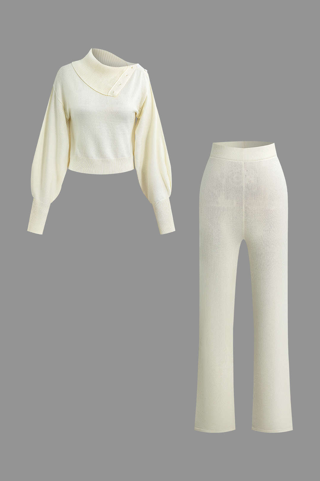 Asymmetrical Collar Long Sleeve Knit Top & Straight Leg Pants Set in Y2K Aesthetic Style