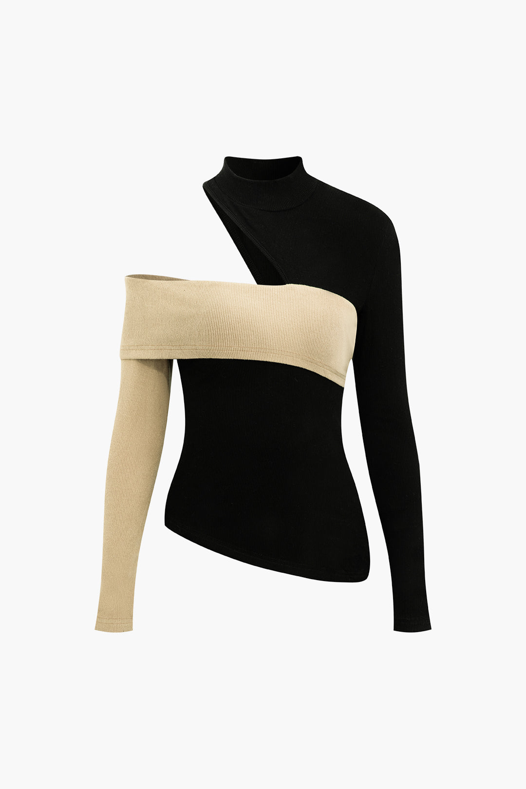 Asymmetrical Contrast Patchwork Mock Neck Cut-Out Long Sleeve Top in Y2K Aesthetic Style