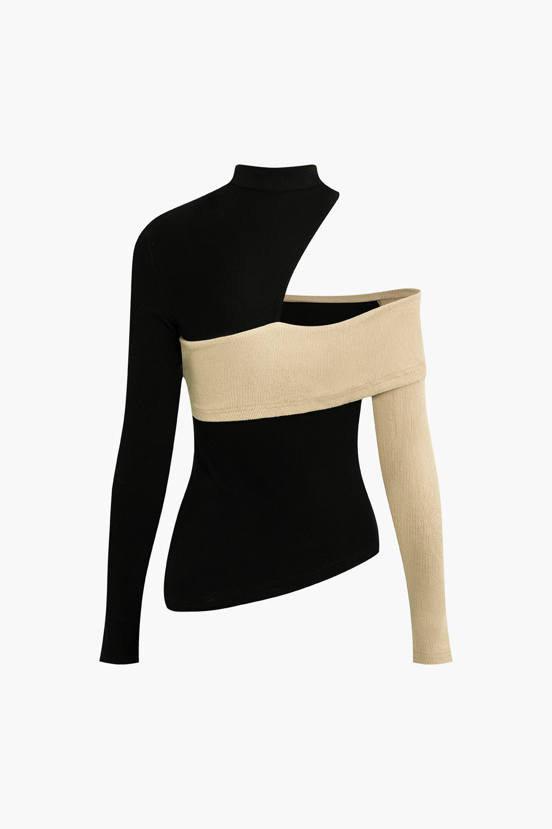 Asymmetrical Contrast Patchwork Mock Neck Cut-Out Long Sleeve Top in Y2K Aesthetic Style