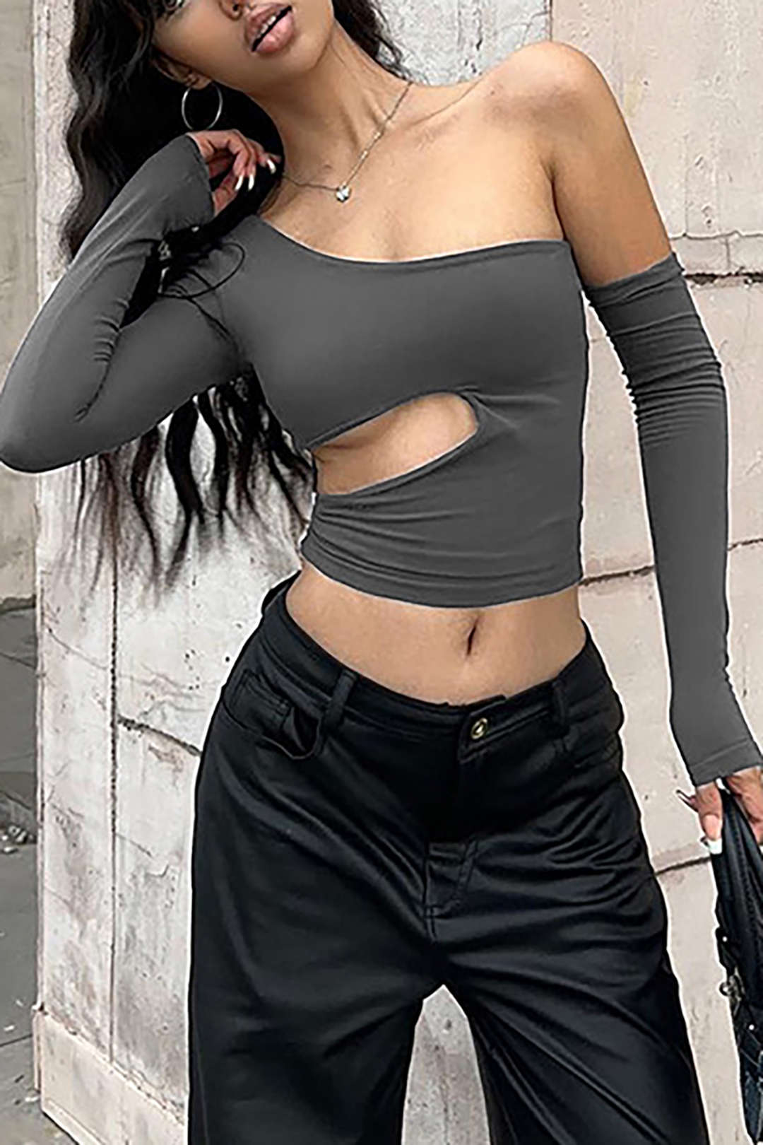 Asymmetrical Cut Out Long Sleeve Crop Top in Y2K Style for Trendy Aesthetic Outfits