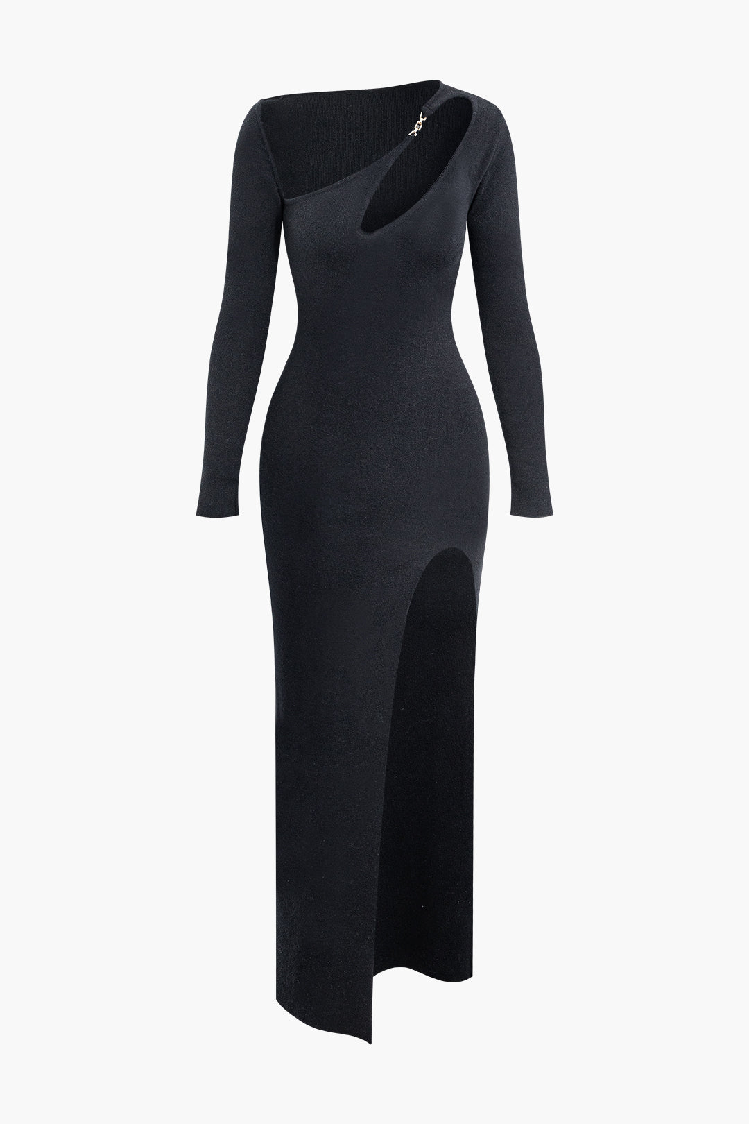 Asymmetrical Cut-Out Long Sleeve Slit Knit Maxi Dress for Y2K Aesthetic Fashion Lovers