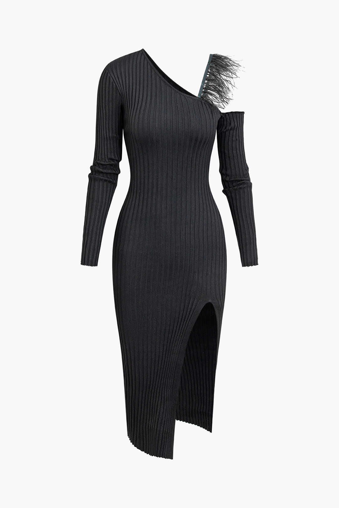 Asymmetrical Feather Detail Long Sleeve Knit Midi Dress for Y2K and Coquette Aesthetic