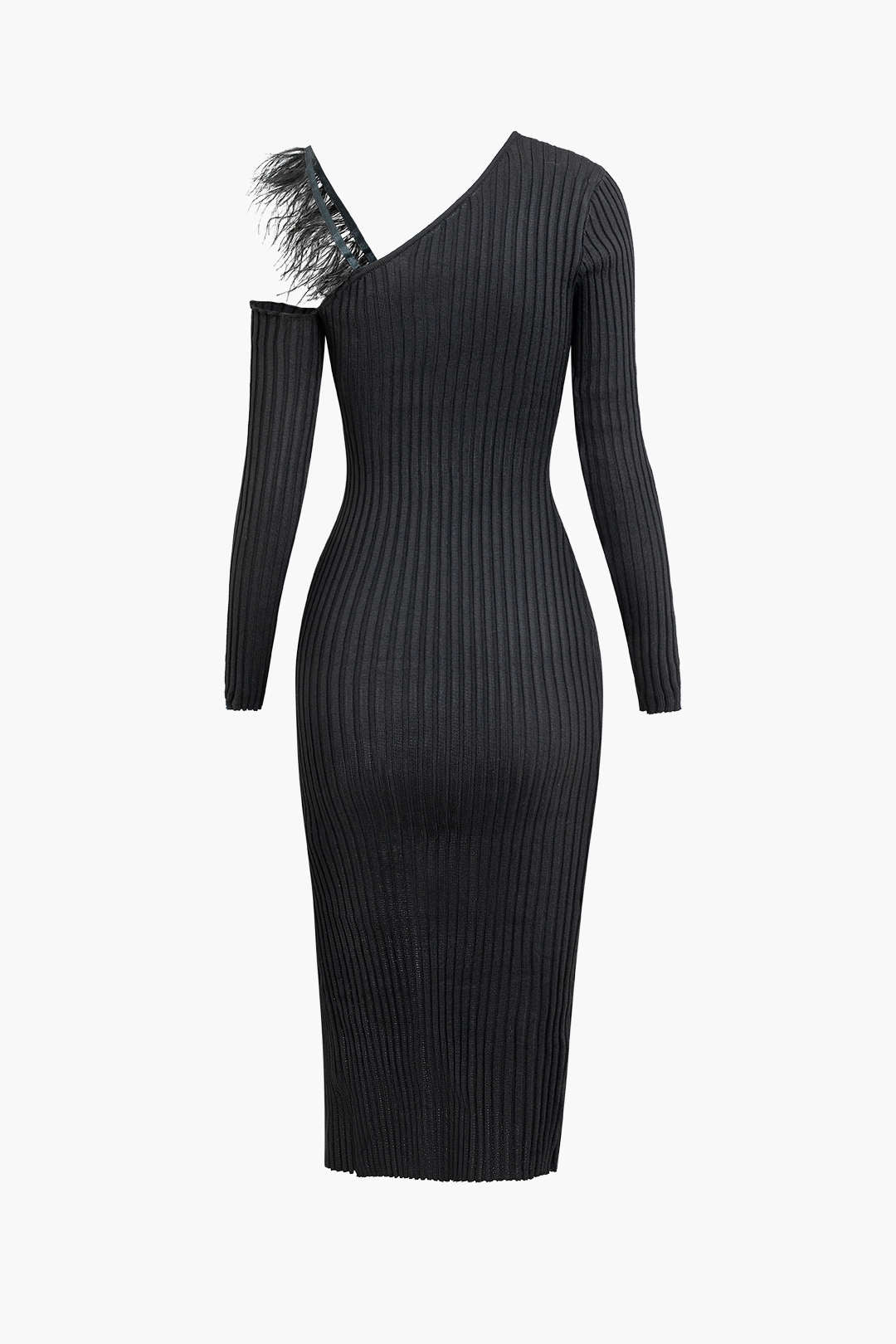 Asymmetrical Feather Detail Long Sleeve Knit Midi Dress for Y2K and Coquette Aesthetic