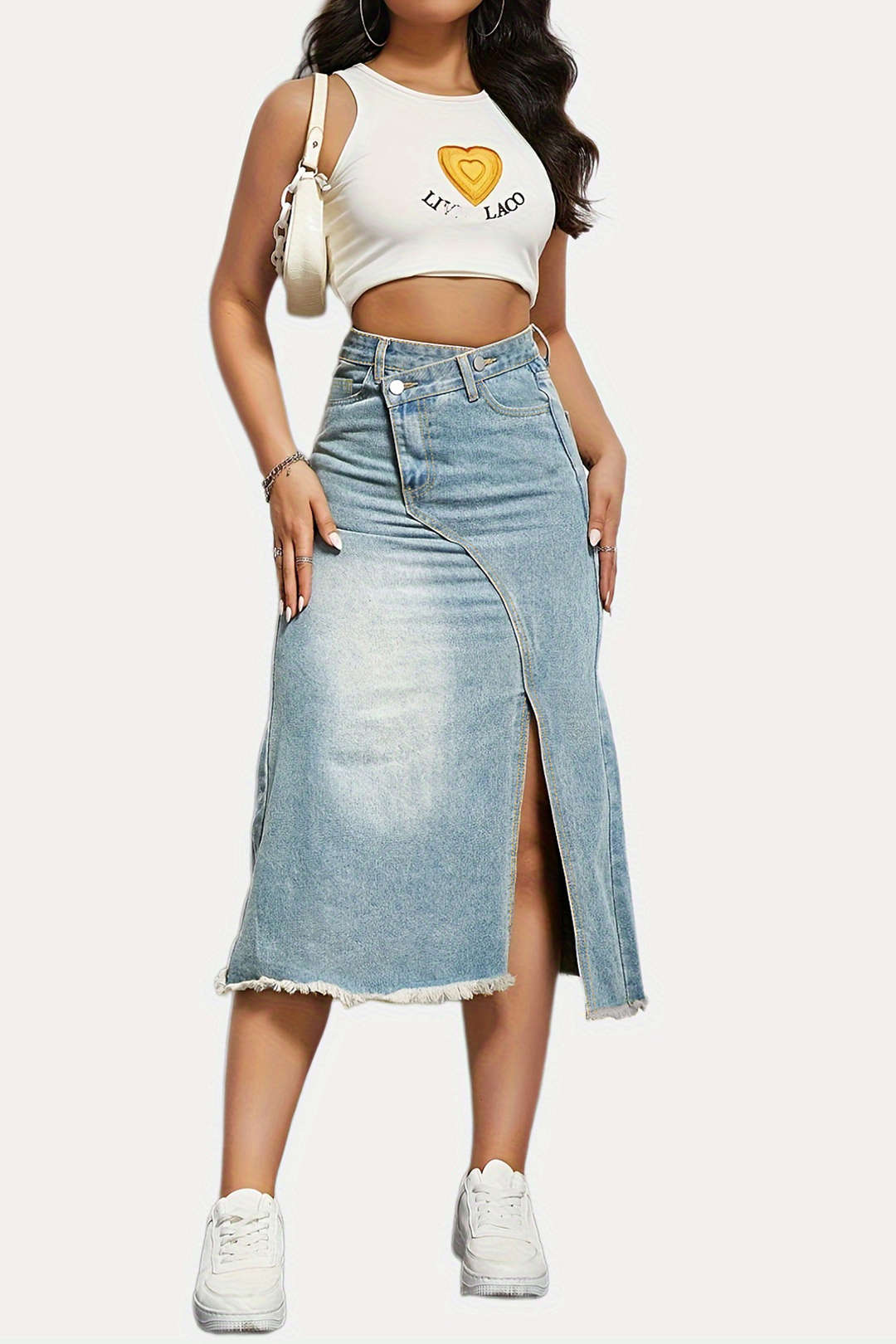 Asymmetrical Frayed Hem Slit Denim Midi Skirt for Y2K Aesthetic and Grunge Style Outfits