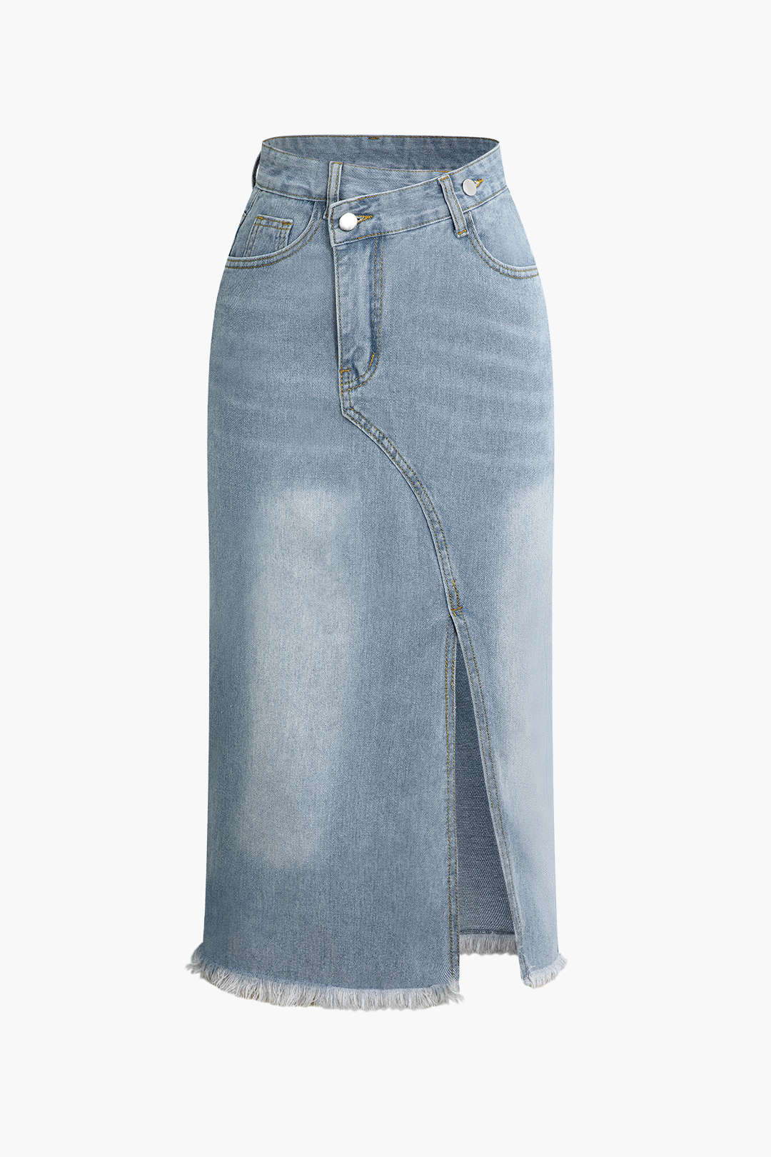 Asymmetrical Frayed Hem Slit Denim Midi Skirt for Y2K Aesthetic and Grunge Style Outfits