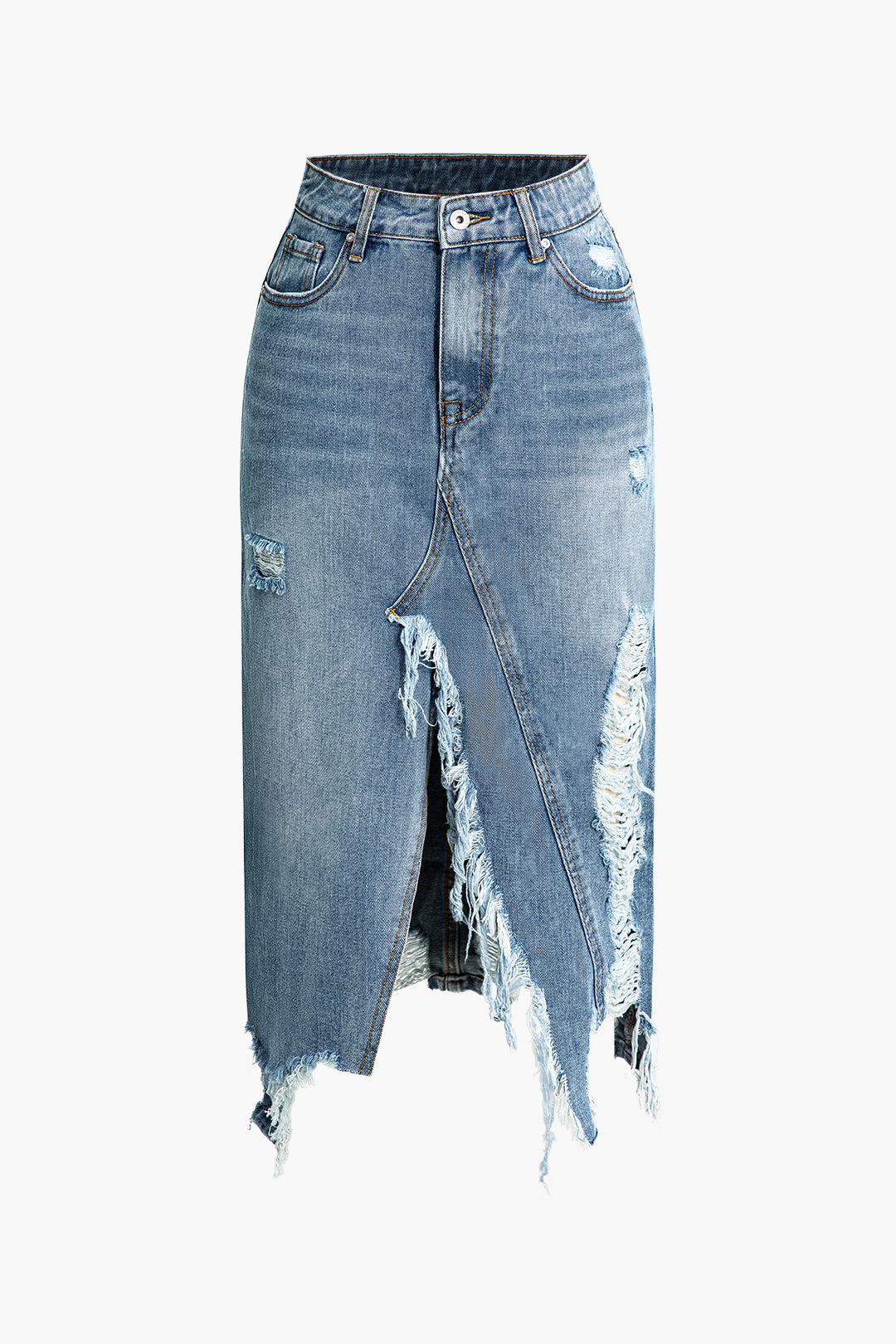 Asymmetrical Frayed Split Denim Midi Skirt - Y2K Grunge Aesthetic Fashion Statement