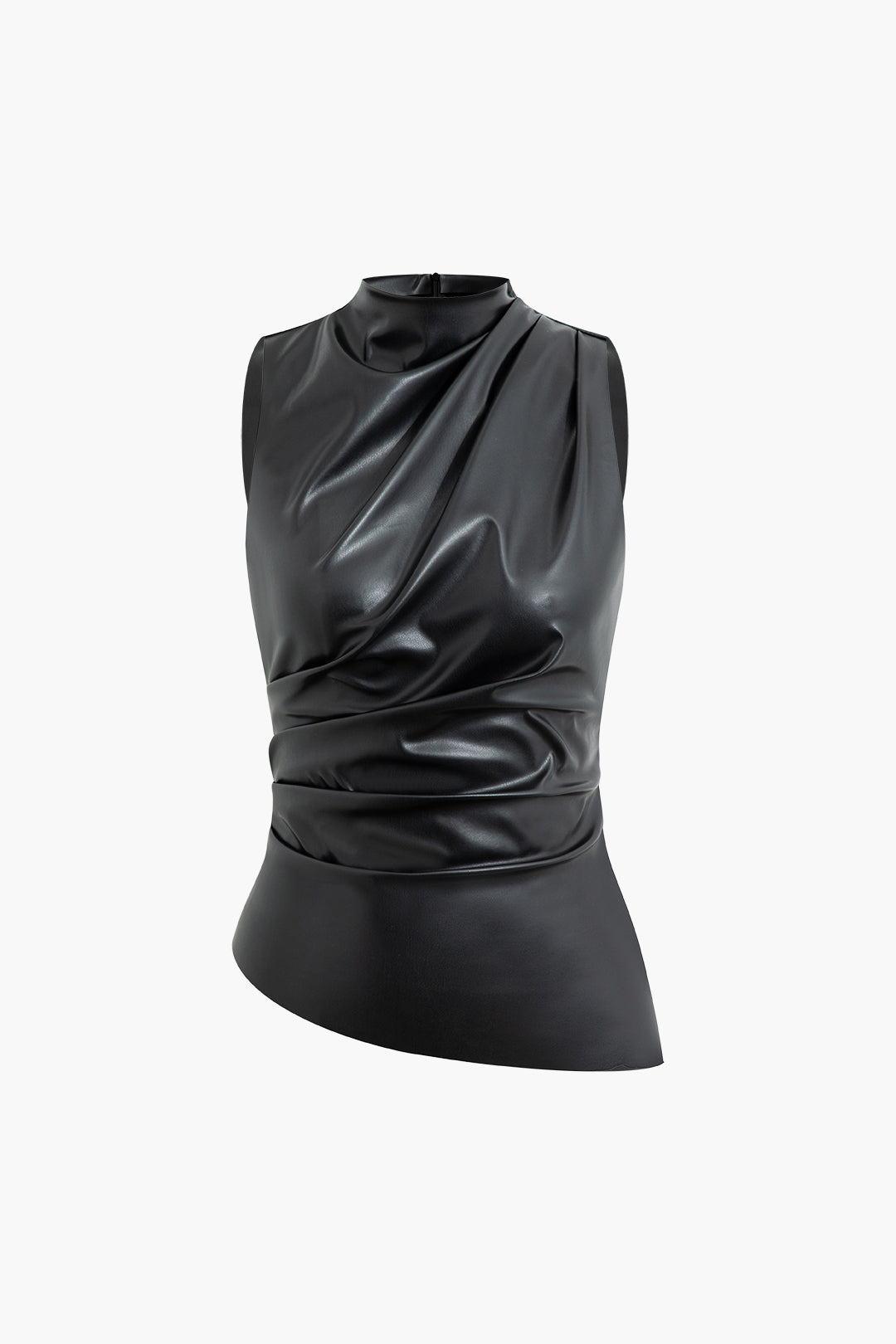 Asymmetrical Hem Faux Leather Ruched Sleeveless Top for Y2K Fashion Aesthetic Outfits