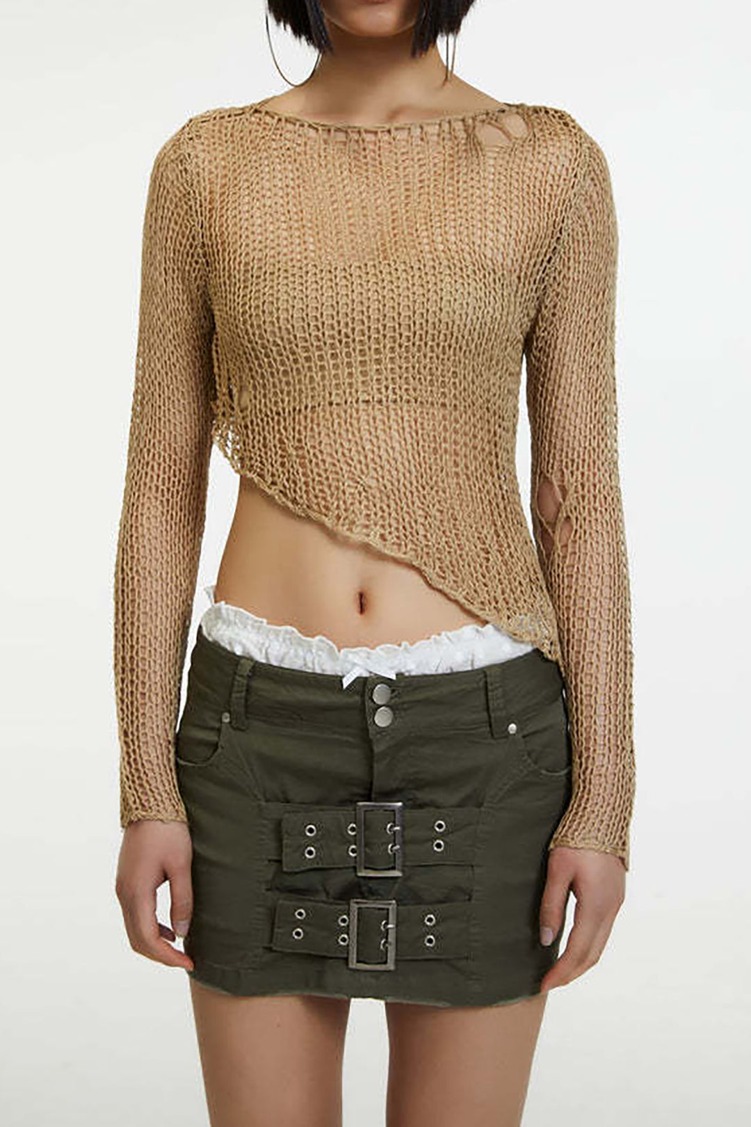 Asymmetrical Hem Hollow Out Boat Neck Long Sleeve Knit Top in Y2K Aesthetic Style