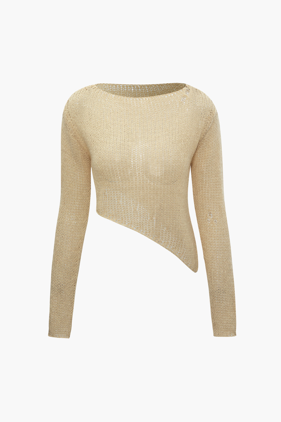 Asymmetrical Hem Hollow Out Boat Neck Long Sleeve Knit Top in Y2K Aesthetic Style