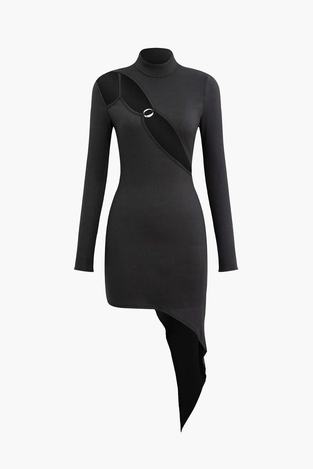 Asymmetrical Hem Mock Neck Cut Out Long Sleeve Mini Dress in Y2K Aesthetic Style