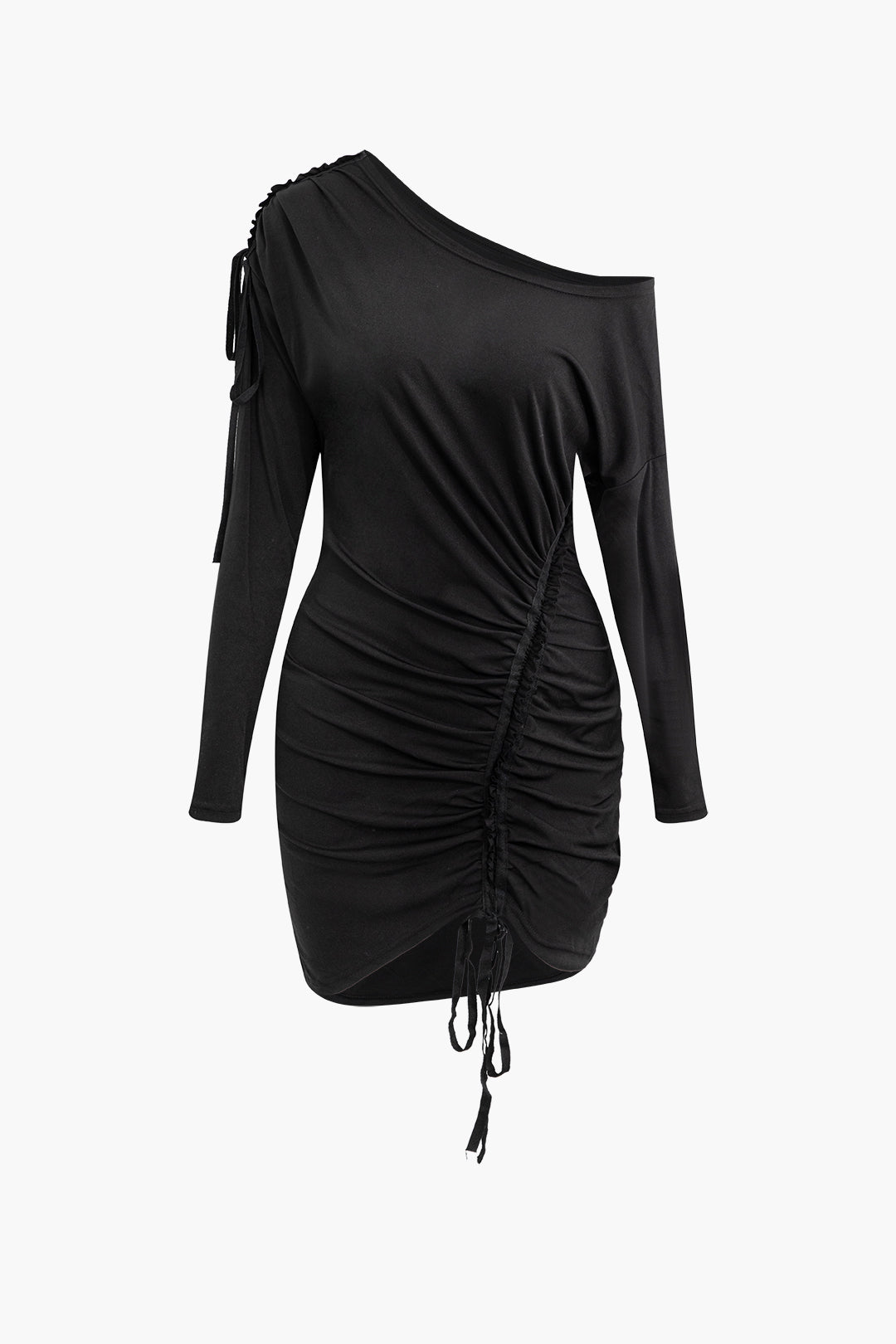 Asymmetrical Long Sleeve Ruched Tie Mini Dress in Y2K Aesthetic for Trendy Outfits