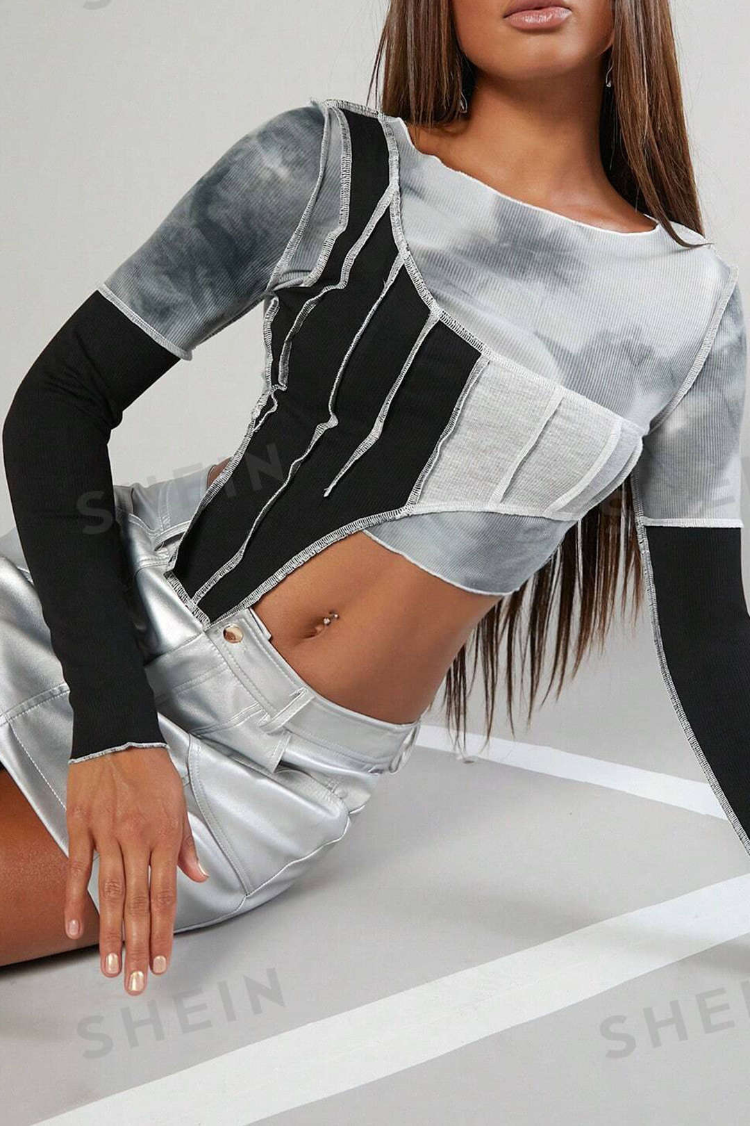 Asymmetrical Long Sleeve Tie-Dye Crop Top for Y2K Aesthetic and Coquette Style