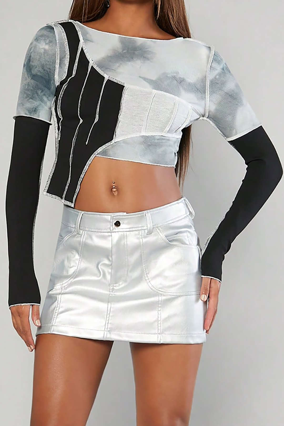 Asymmetrical Long Sleeve Tie-Dye Crop Top for Y2K Aesthetic and Coquette Style