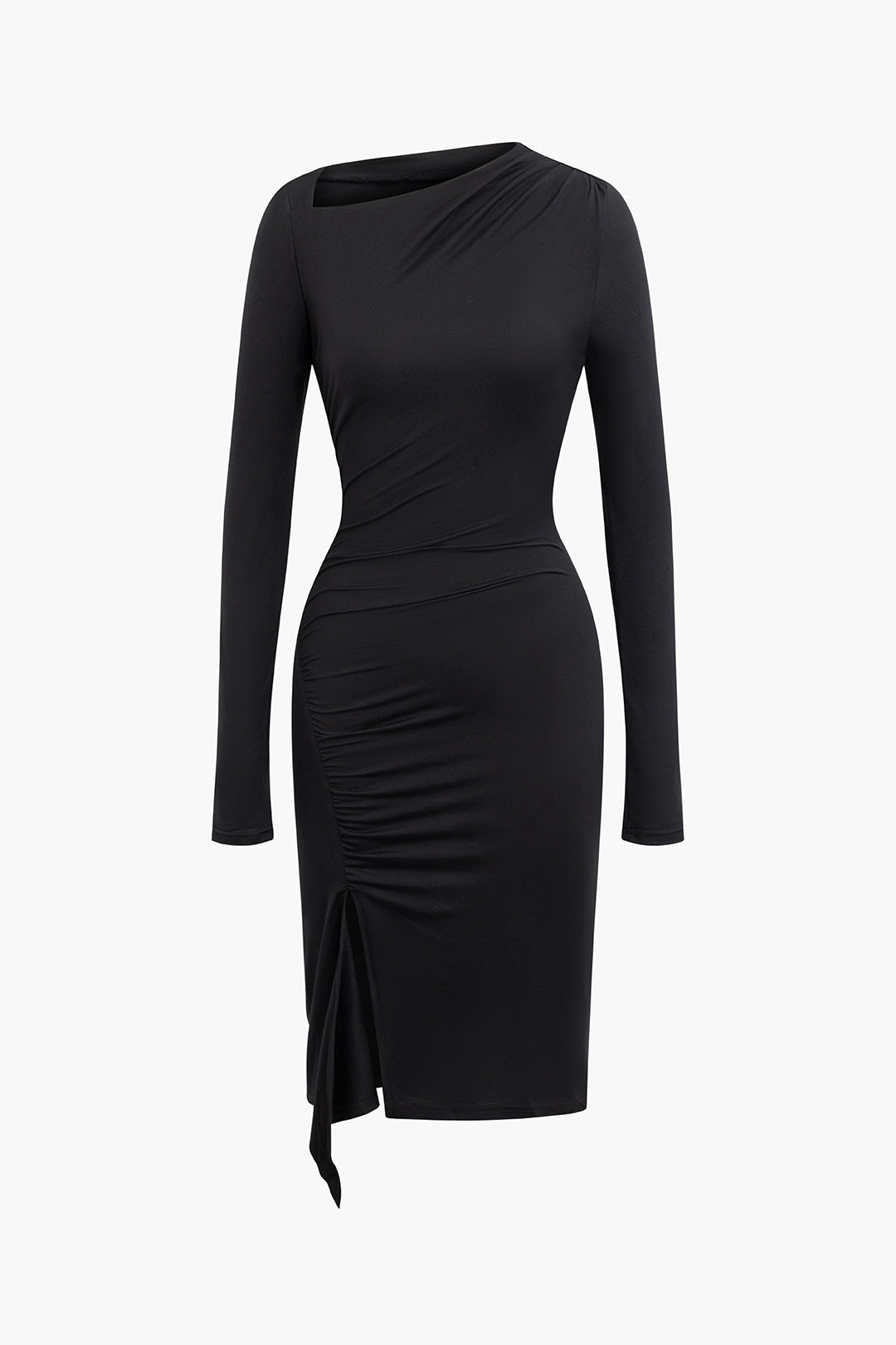 Asymmetrical Neck Slit Ruched Midi Dress - Y2K Aesthetic Long Sleeve Fashion Statement