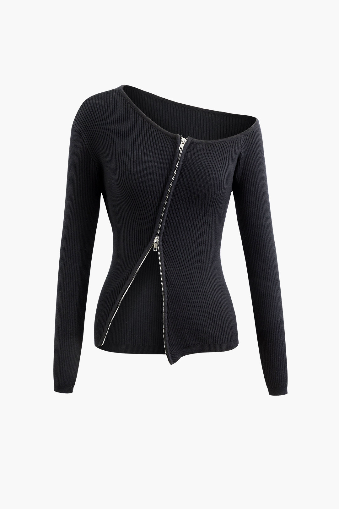 Asymmetrical Neck Zip-Up Long Sleeve Knit Top in Y2K Aesthetic Style