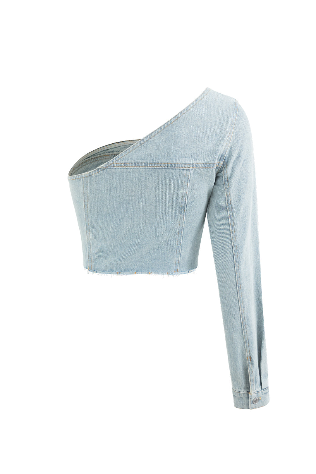 Asymmetrical One Shoulder Frayed Hem Y2K Denim Crop Top for Trendy Aesthetic Outfits