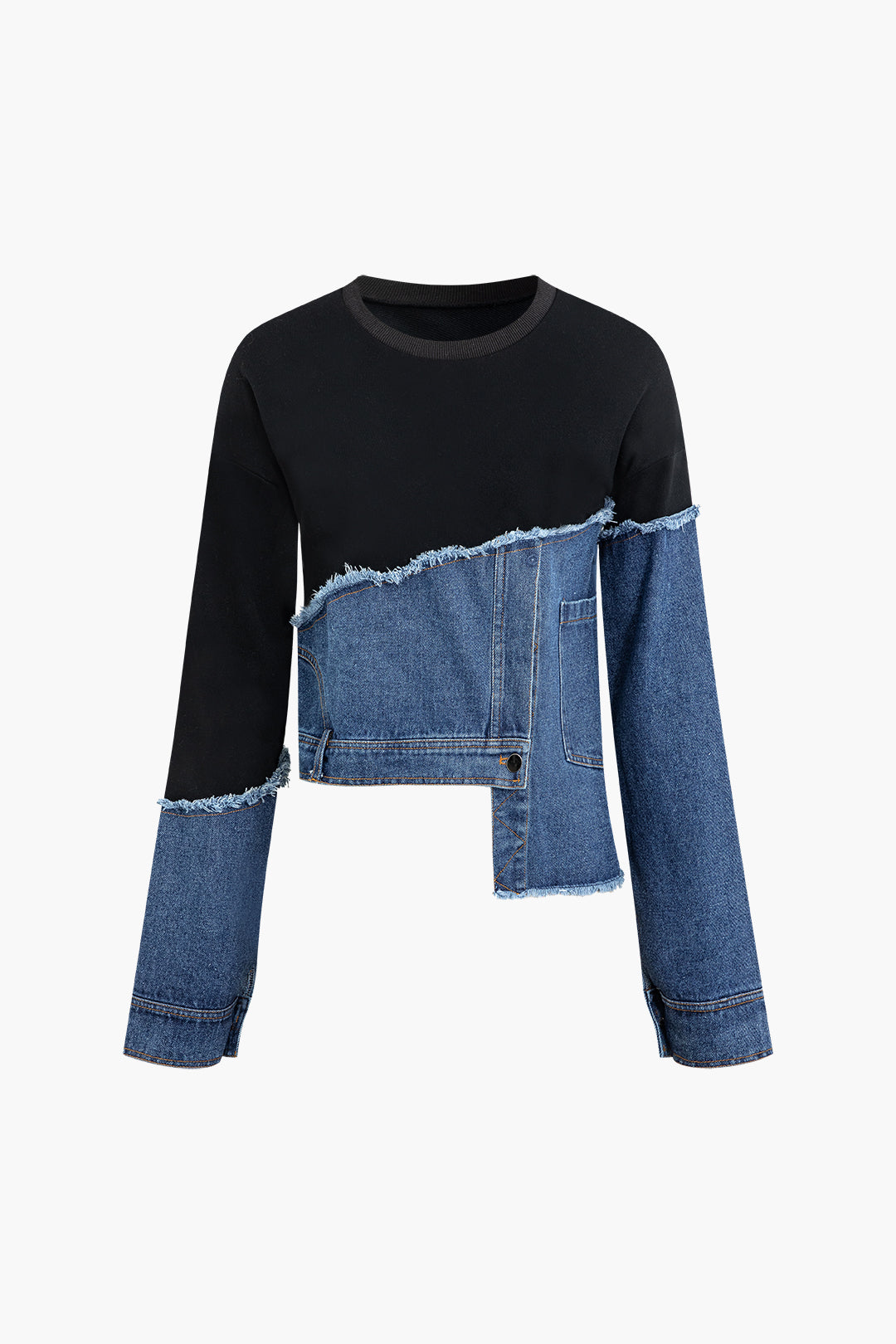 Asymmetrical Patchwork Denim Long Sleeve Sweatshirt for Y2K Aesthetic Outfits