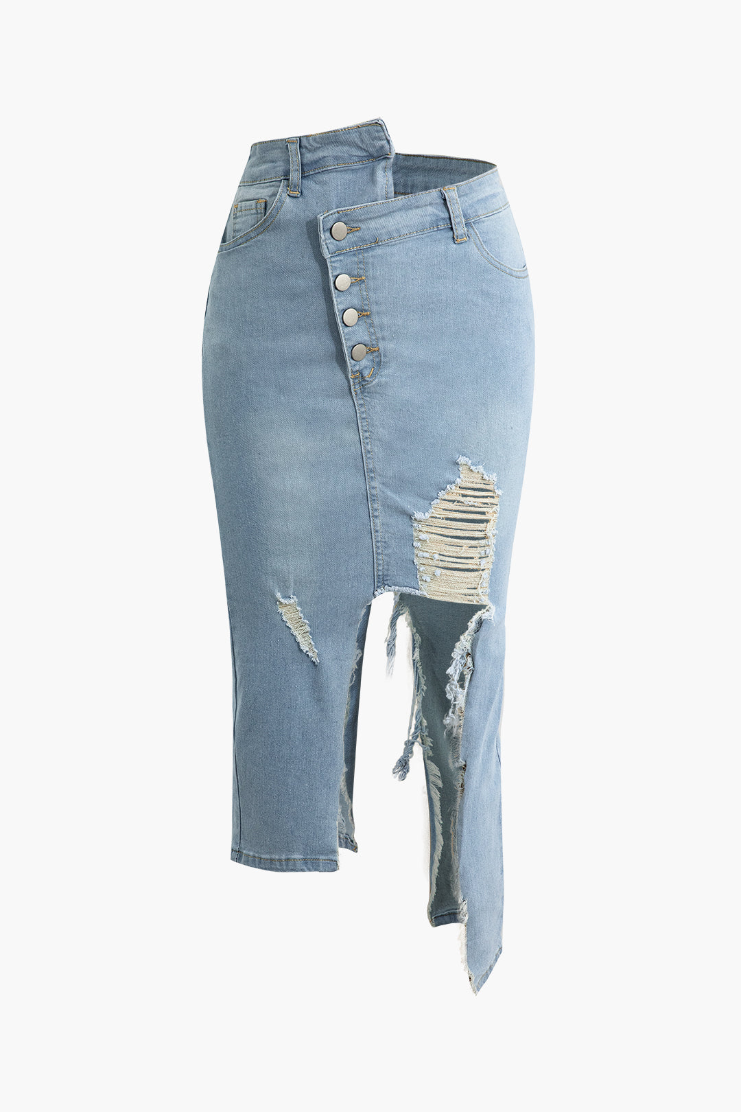 Asymmetrical Ripped Denim Midi Skirt for Y2K Aesthetic and Grunge Style Outfits