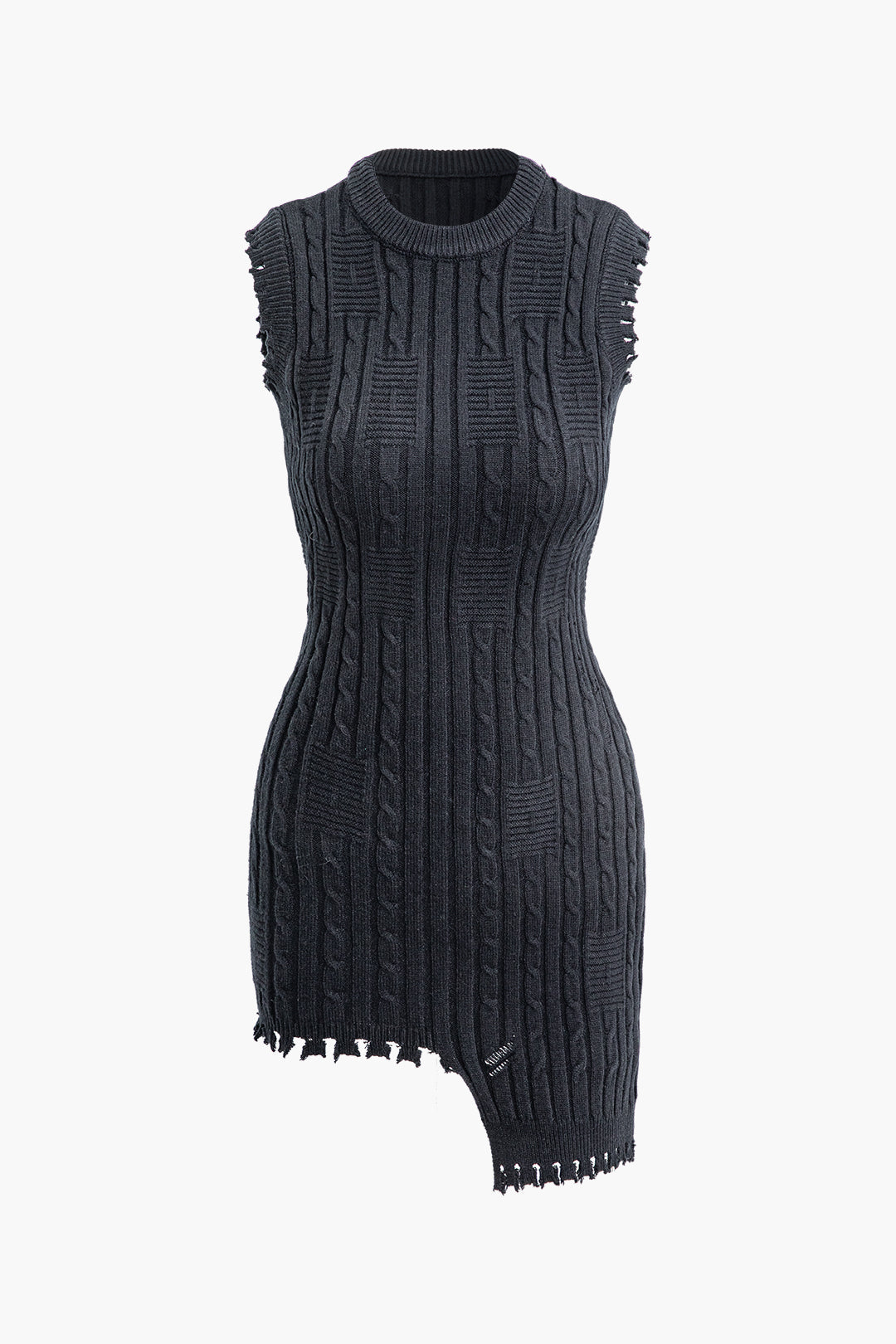 Asymmetrical Round Neck Short Sleeve Cable Knit Mini Dress in Y2K Aesthetic Style