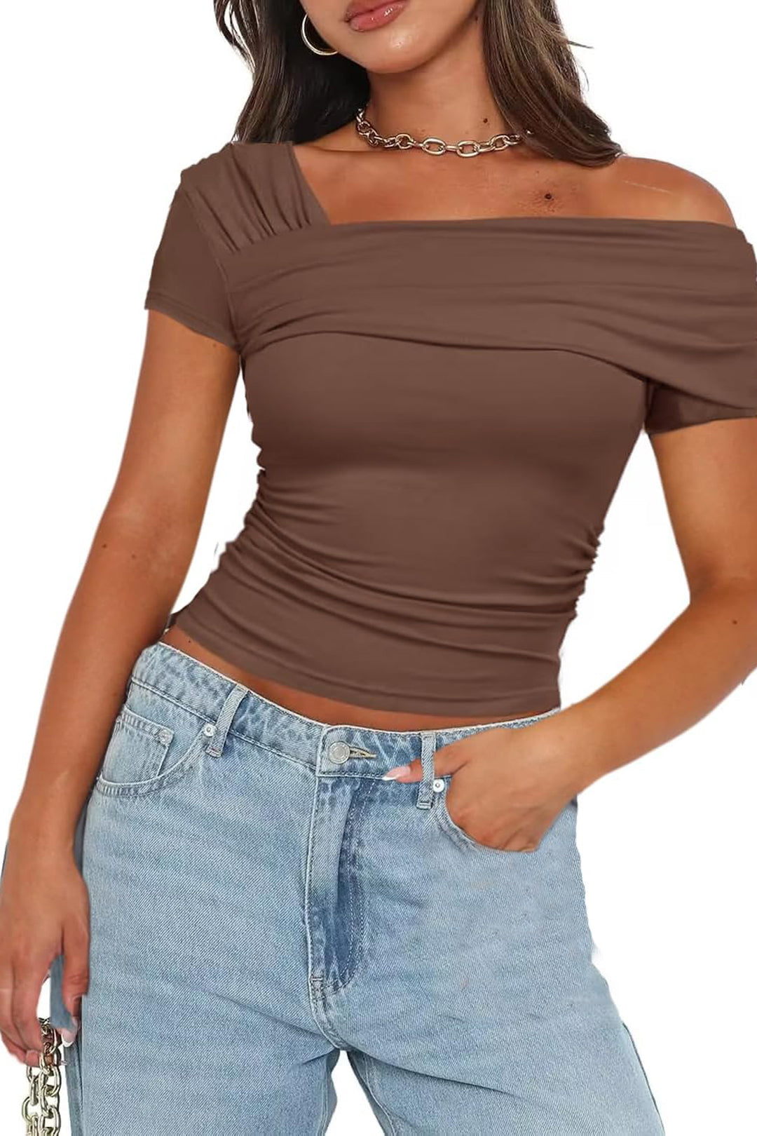 Asymmetrical Ruched Crop Top in Y2K Style - Trendy Cute Top for Aesthetic Outfits