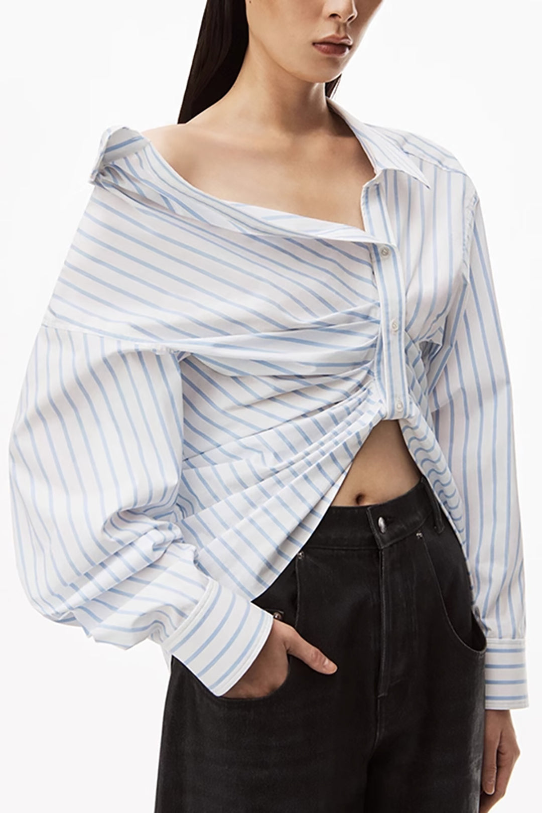 Asymmetrical Stripe Ruched Button-Up Shirt for Y2K Fashion and Coquette Aesthetic