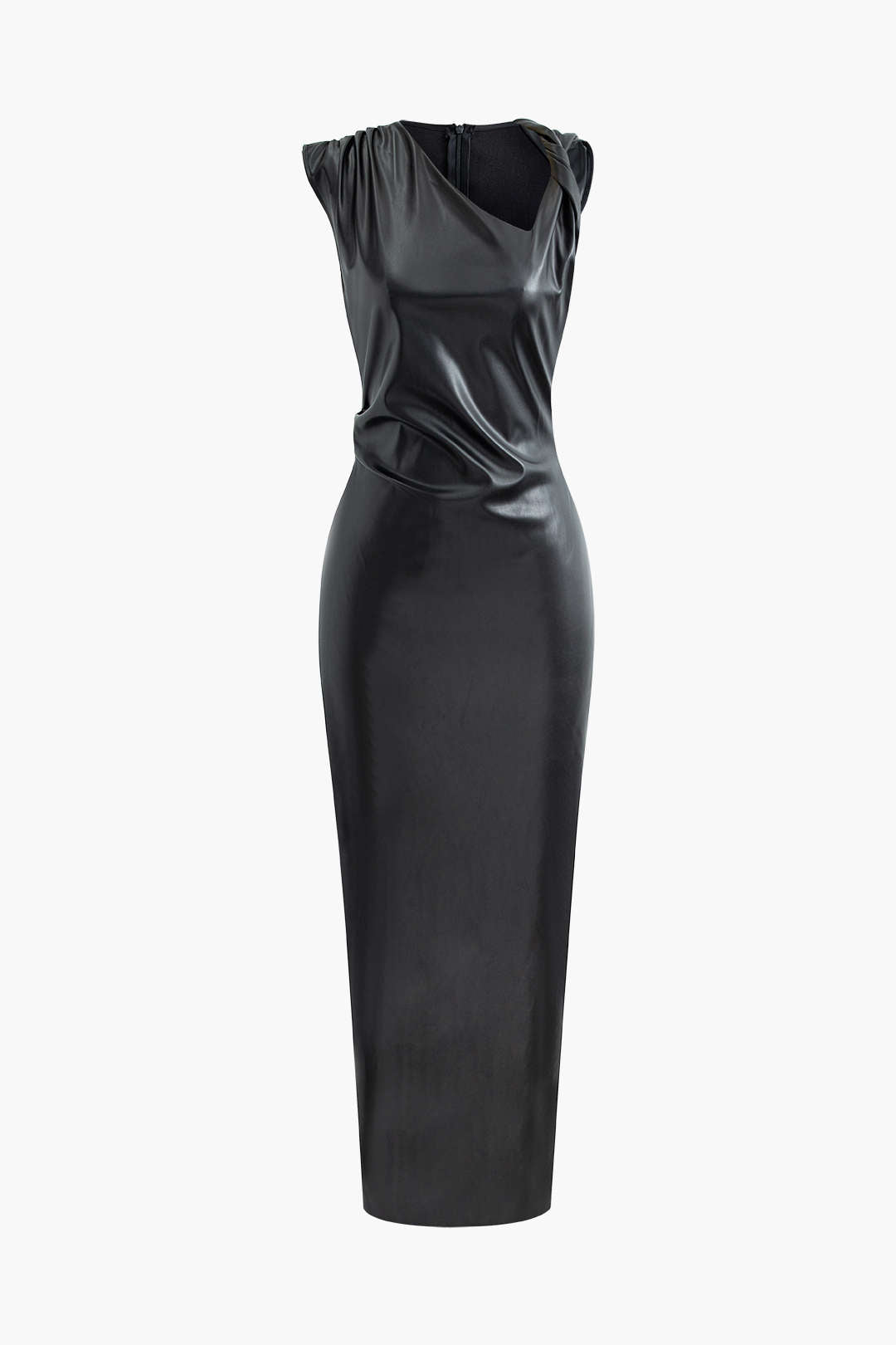 Asymmetrical Twist Ruched Faux Leather Slit Maxi Dress for Y2K Aesthetic Fashion Lovers