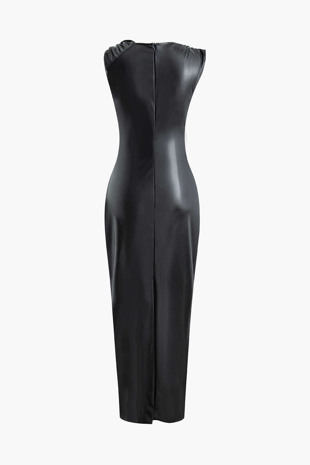 Asymmetrical Twist Ruched Faux Leather Slit Maxi Dress for Y2K Aesthetic Fashion Lovers