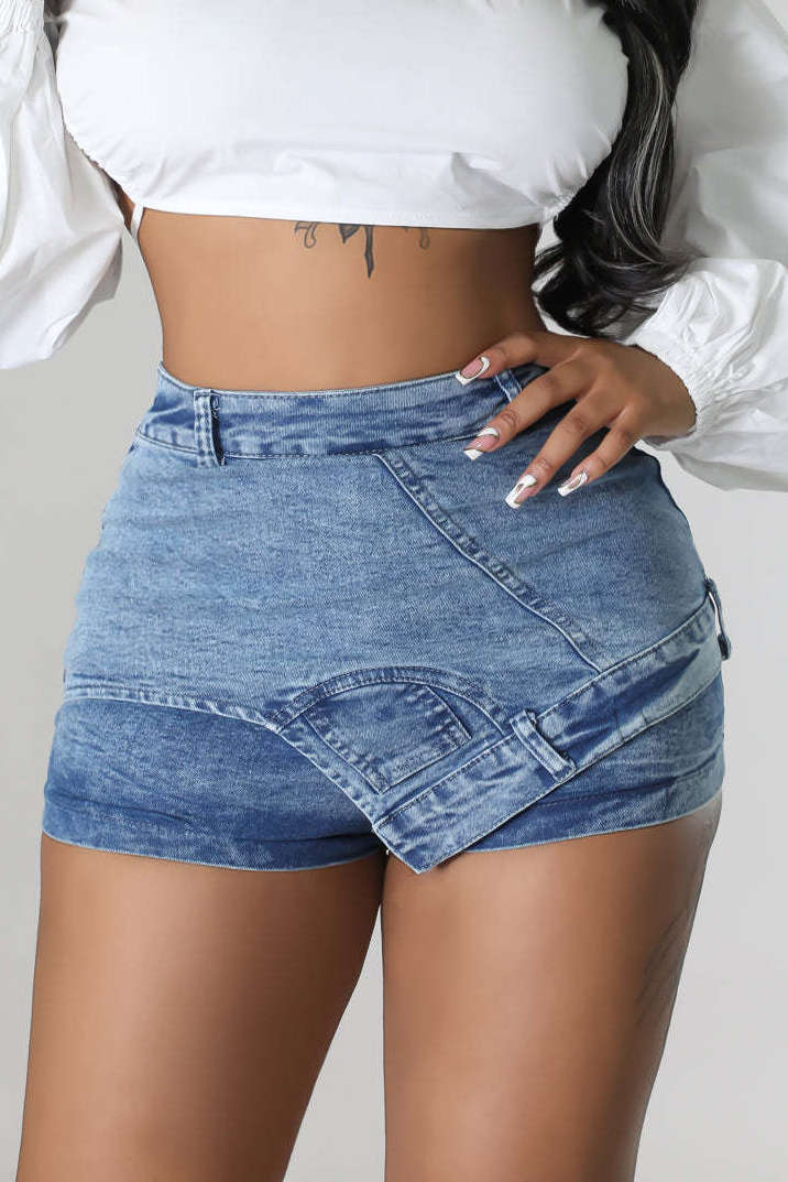 Asymmetrical Wrap Denim Shorts for Y2K Aesthetic and Grunge Style Outfits