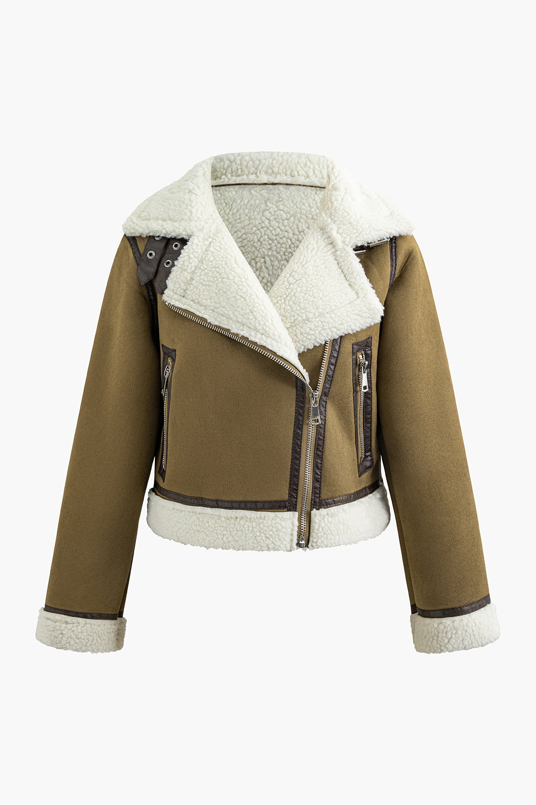 Asymmetrical Zipper Faux Shearling Coat with Belt and Notched Lapel for Y2K Aesthetic Style