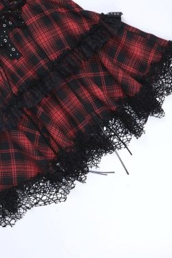 Backless Plaid Mini Dress with Zip-Up and Lace Hem - Y2K Aesthetic Fashion Statement