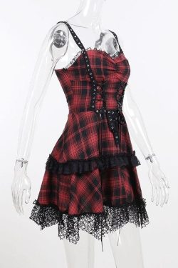 Backless Plaid Mini Dress with Zip-Up and Lace Hem - Y2K Aesthetic Fashion Statement