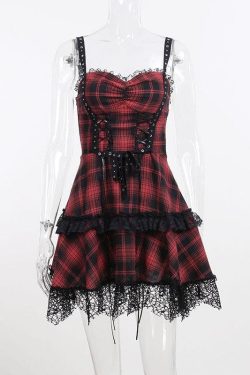 Backless Plaid Mini Dress with Zip-Up and Lace Hem - Y2K Aesthetic Fashion Statement