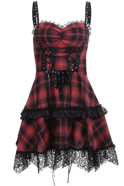 Backless Plaid Mini Dress with Zip-Up and Lace Hem - Y2K Aesthetic Fashion Statement