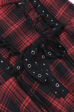 Backless Plaid Mini Dress with Zip-Up and Lace Hem - Y2K Aesthetic Fashion Statement