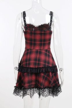 Backless Plaid Mini Dress with Zip-Up and Lace Hem - Y2K Aesthetic Fashion Statement