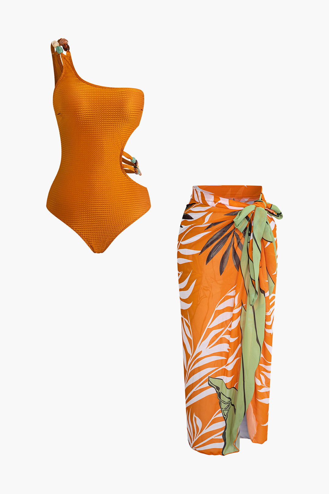 Bead Cut Out One Shoulder Swimsuit with Leaves Print Wrap Skirt Set for Y2K Aesthetic