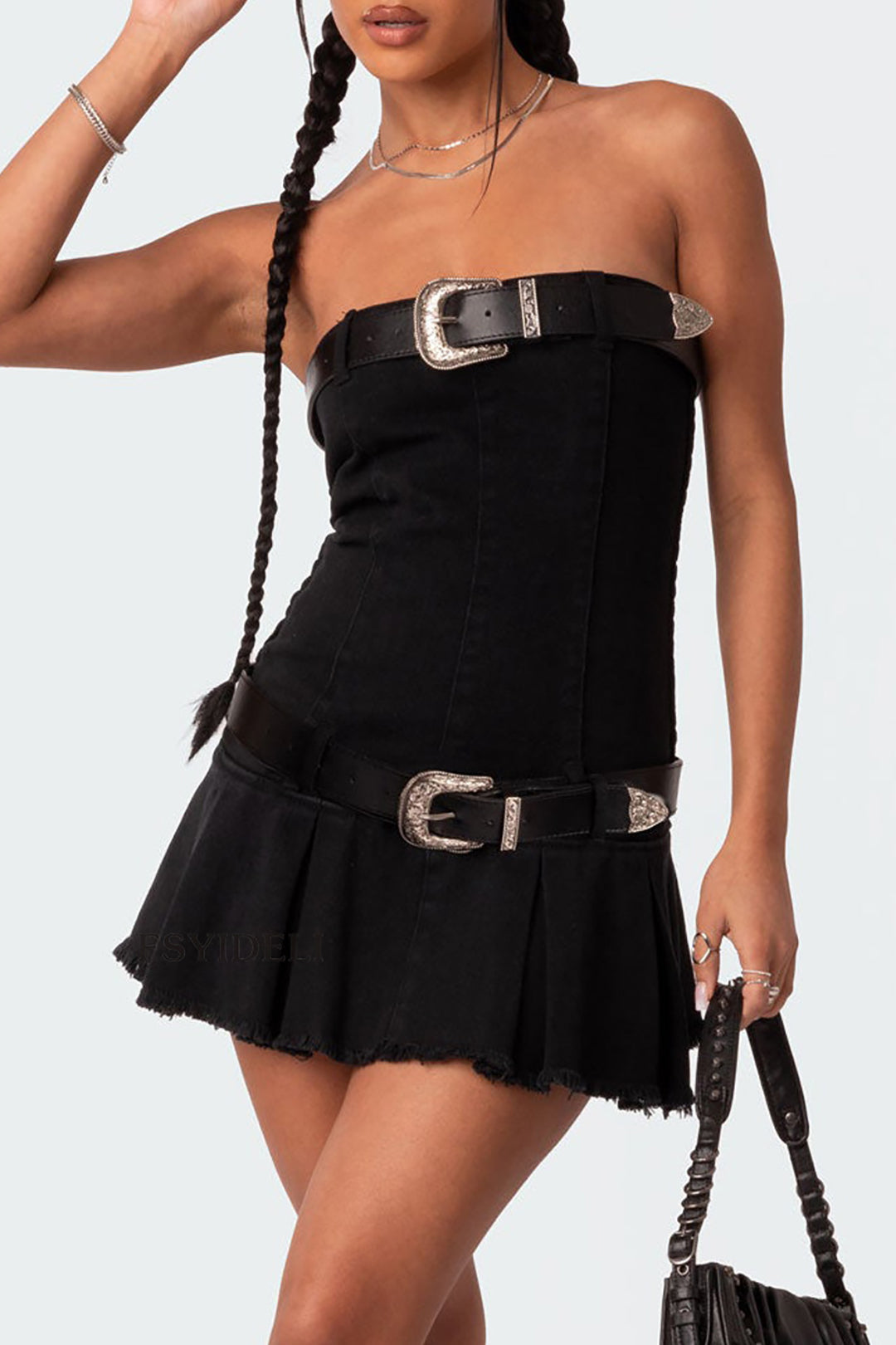 Belted Pleated Denim Strapless Mini Dress with Zipper Back for Y2K Aesthetic Style