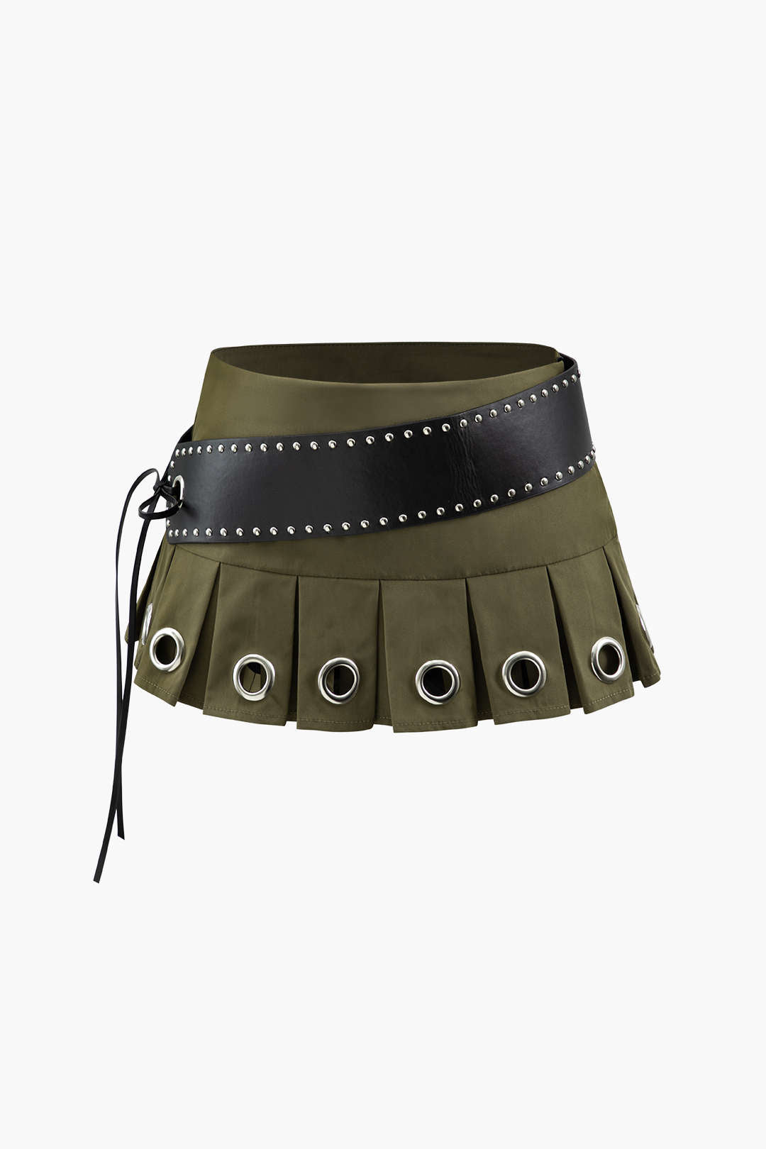 Belted Pleated Mini Skirt with Eyelet Detail for Y2K and Coquette Aesthetic Outfits