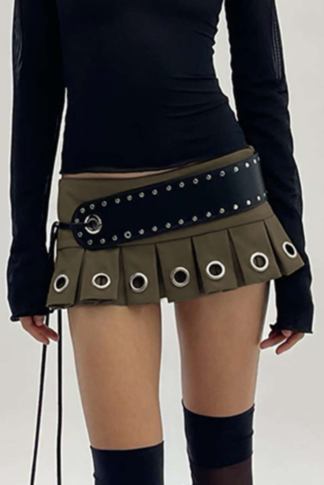 Belted Pleated Mini Skirt with Eyelet Detail for Y2K and Coquette Aesthetic Outfits