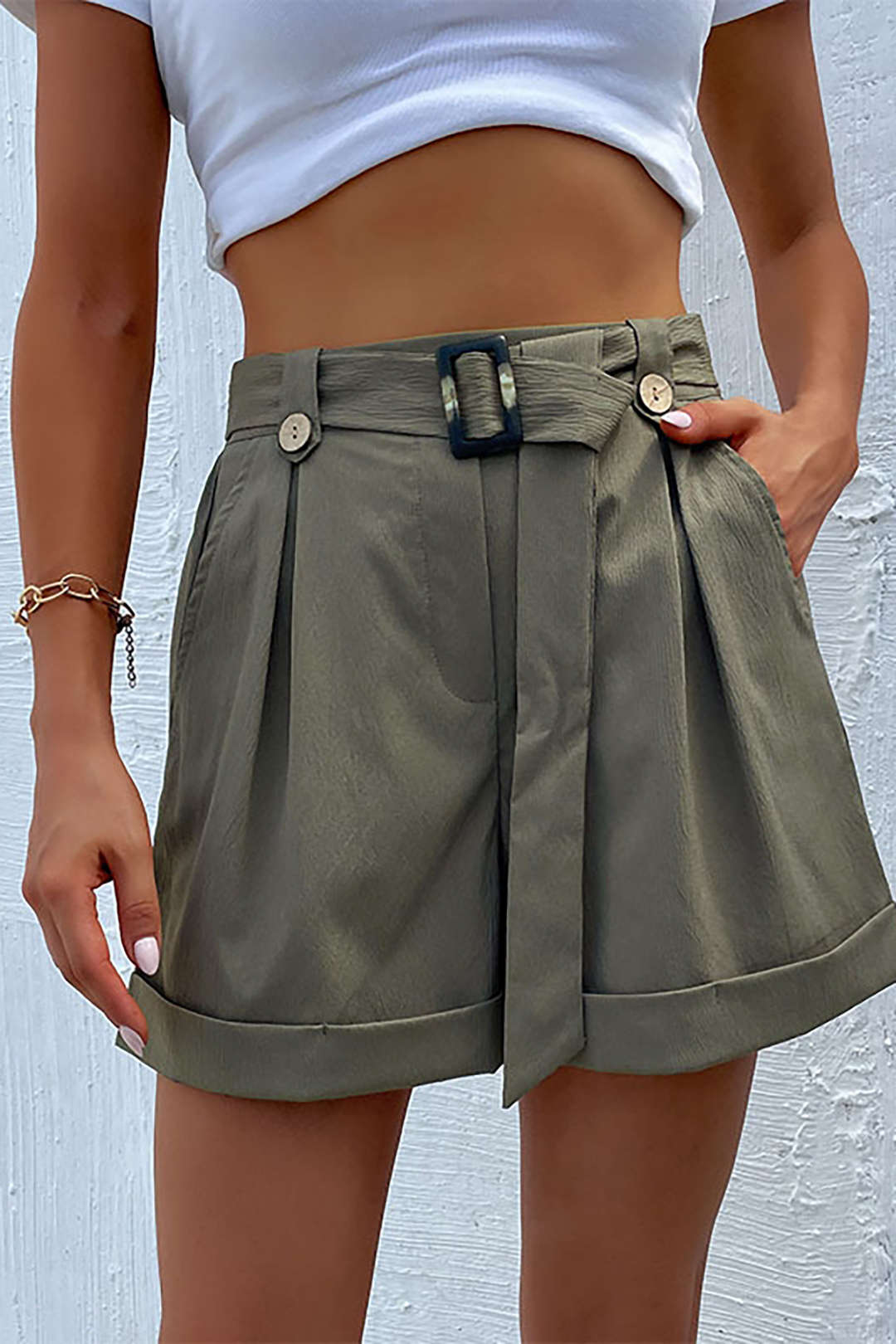 Belted Pleated Rolled Hem Cargo Shorts for Y2K Aesthetic and Coquette Style Outfits