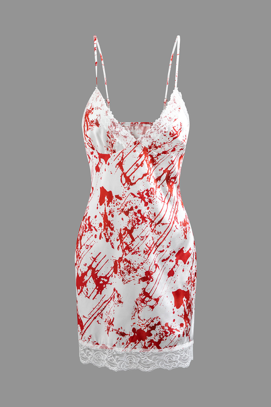 Bloodstain Print V-neck Lace Trim Mini Dress - Y2K Aesthetic Cute Dress for Grunge Style