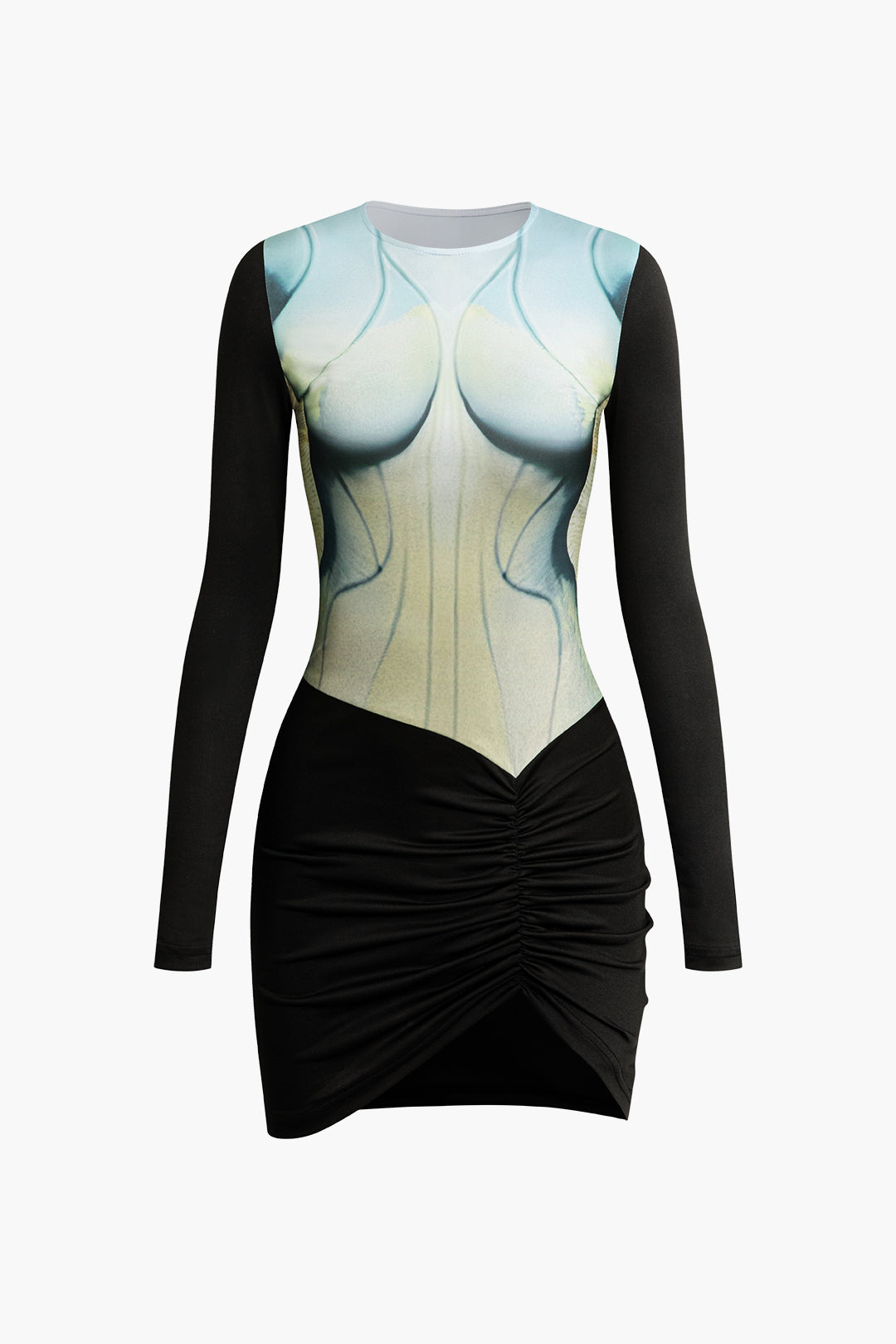 Body Print Ruched Mini Dress with Round Neck and Long Sleeves for Y2K Aesthetic Style