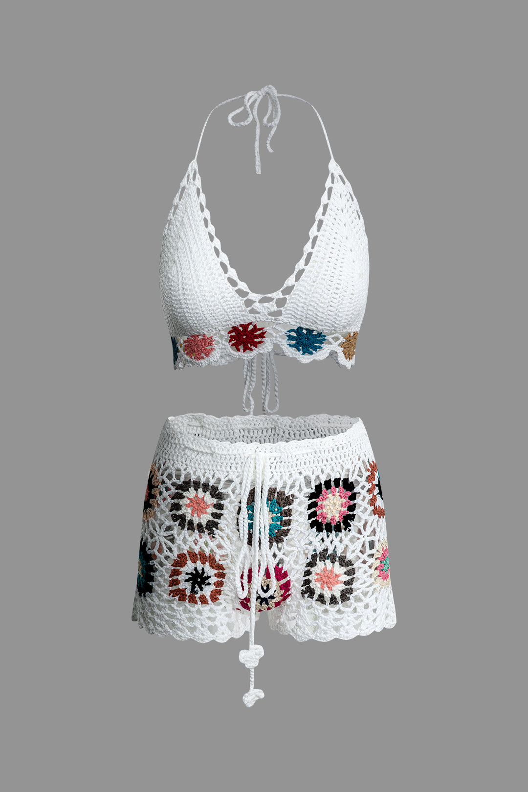 Bohemian Pattern Knit Tie Halter Cami Top with Hollow Out Shorts Set for Aesthetic Outfits