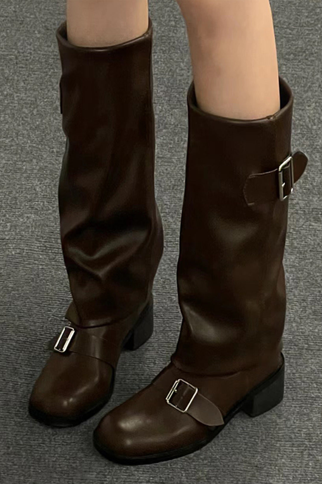 Buckle Detail Chunky Heel Mid-Calf Boots for Y2K Fashion and Grunge Aesthetic Styles