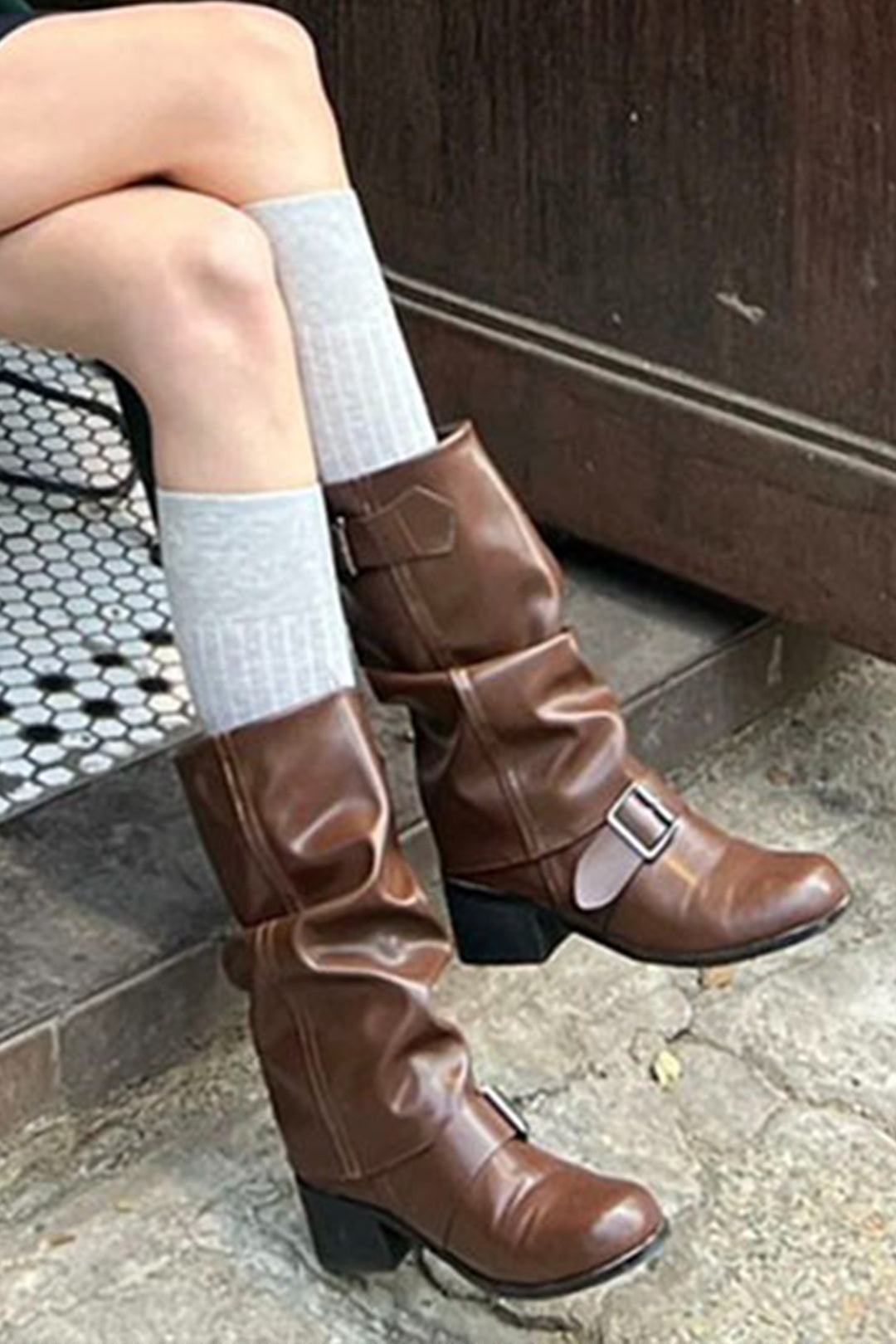 Buckle Detail Chunky Heel Mid-Calf Boots for Y2K Fashion and Grunge Aesthetic Styles